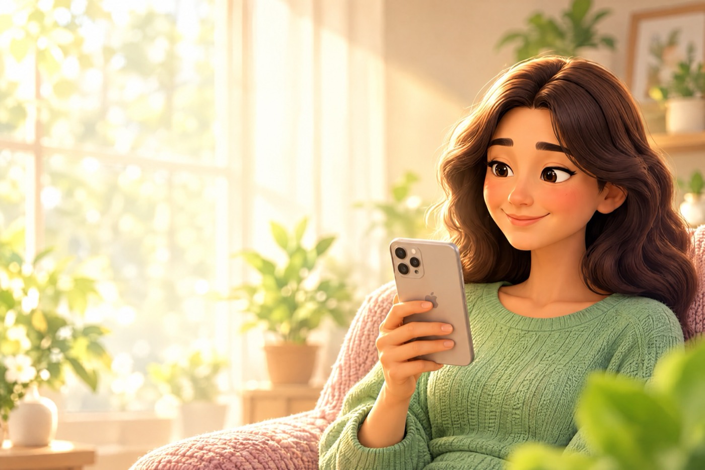 A woman smiling at her phone in a bright room
