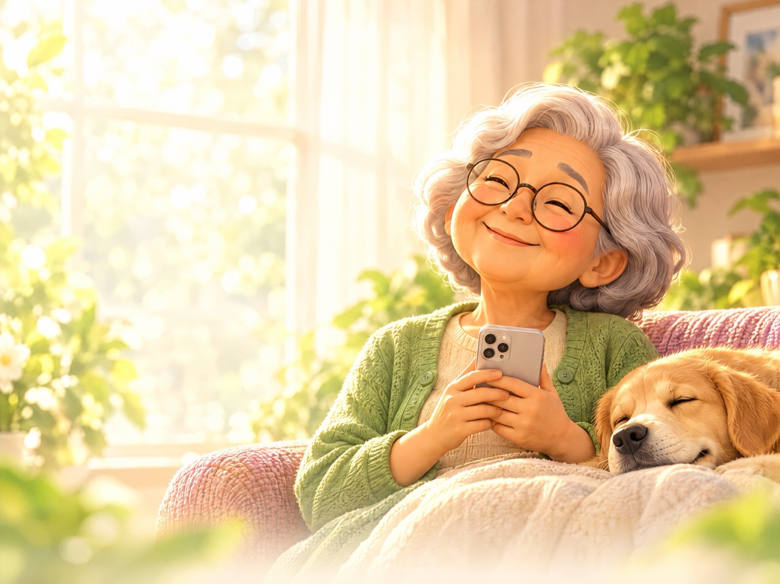 A smiling older woman holding her phone in a sunny living room, a dog asleep beside her